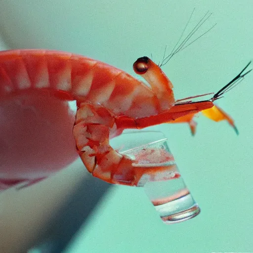 Prompt: a shrimp drinking a tiny cocktail