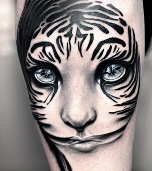 Image similar to tattoo design of a beautiful girl warrior under a tiger head, hyper realistic, realism tattoo, by eliot kohek, beautiful eyes, realistic face, black and white, white background