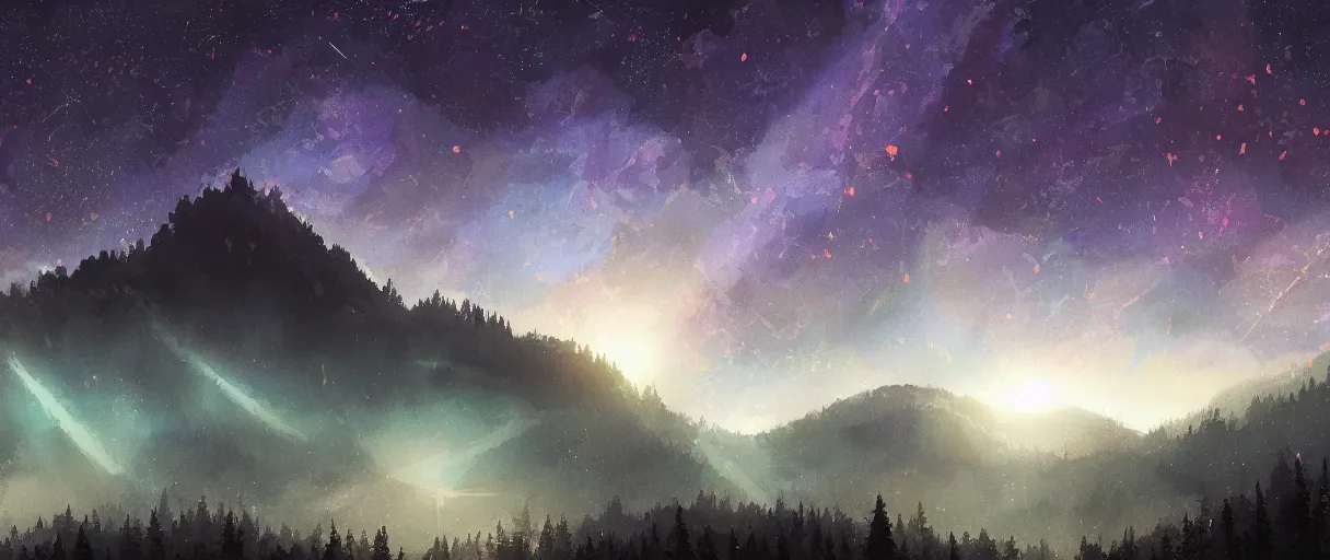 Image similar to digital painting of a ultra detailed night sky with constellations, detailed very beautiful girl swimming in a blue pool, Perseides meteor shower, ultra detailed hill top over behind a forest, large mountains in back, concept art, low angle, high detail, warm lighting, volumetric, godrays, vivid, beautiful, trending on artstation, by Jordan Grimmer, no focus, huge scene, ultra detailed trees, F11 aperture, in the style of JIM RICHARDSON