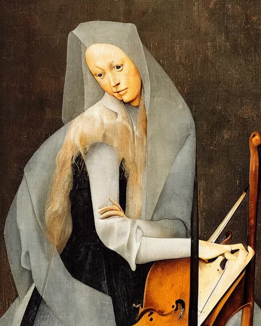 Image similar to a female cellist inspired by Hieronymous Bosch