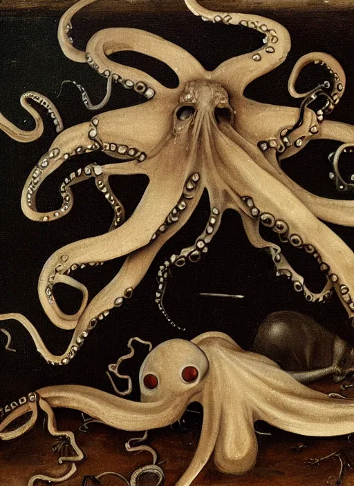 Prompt: Octopus eating a deceased homeless man corpse, horror photography, 4k quality, highly detailed features, by Hieronymus Bosch, painted on metal canvas