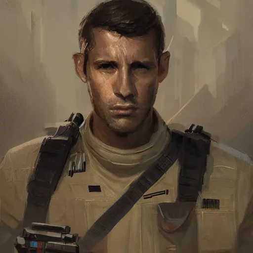 Image similar to portrait of a man by greg rutkowski, a soldier of the confederation of independent systems, wearing a beige and black tactical gear, star wars expanded universe, highly detailed portrait, digital painting, artstation, concept art, smooth, sharp foccus ilustration, artstation hq