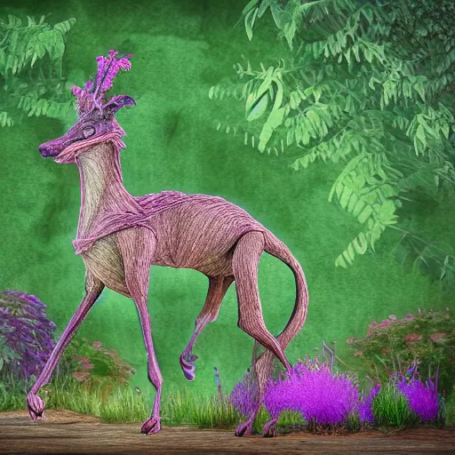 Prompt: Quadruped animal made from plants, detailed digital art