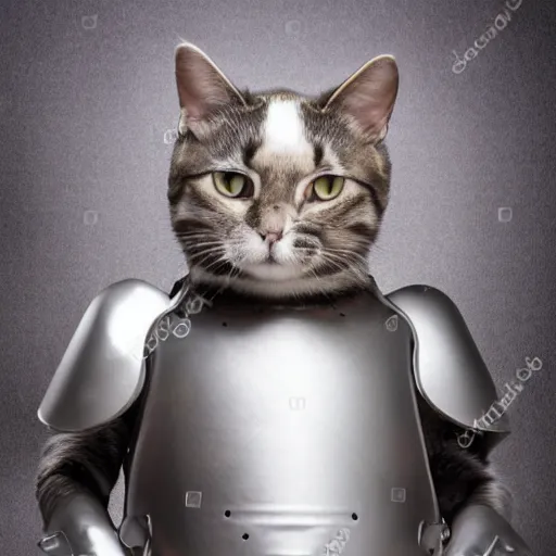 Prompt: a cat that is wearing a silver suit of armor, high quality photograph, studio lighting