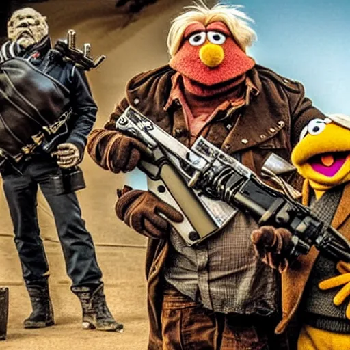 Prompt: the Muppets: mad max, lots of guns, photo