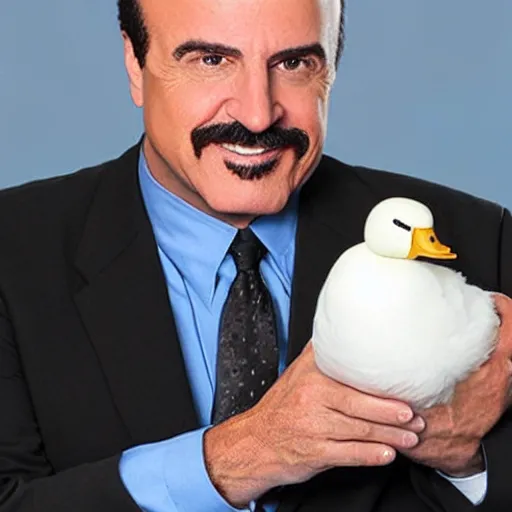 Prompt: doctor phil, holding a white duck