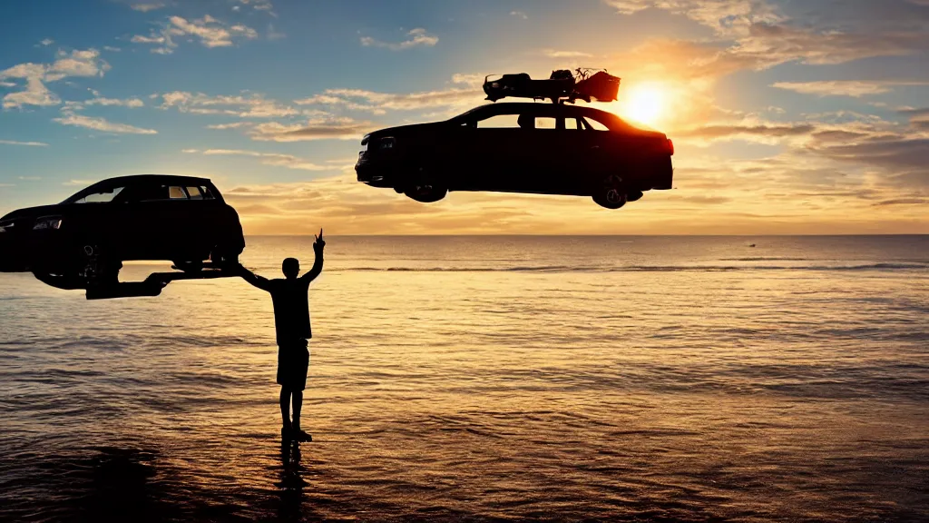 Image similar to a movie still of a man standing on a car while driving through the ocean at sunset, golden hour