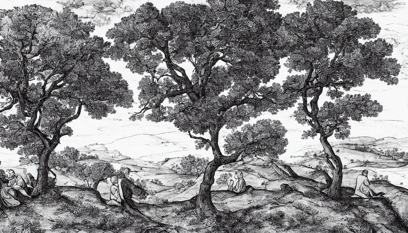 Image similar to a couple sits on a hill overlooking a river, wind blown trees, pen and ink, 1 5 0 0 s, 8 k resolution