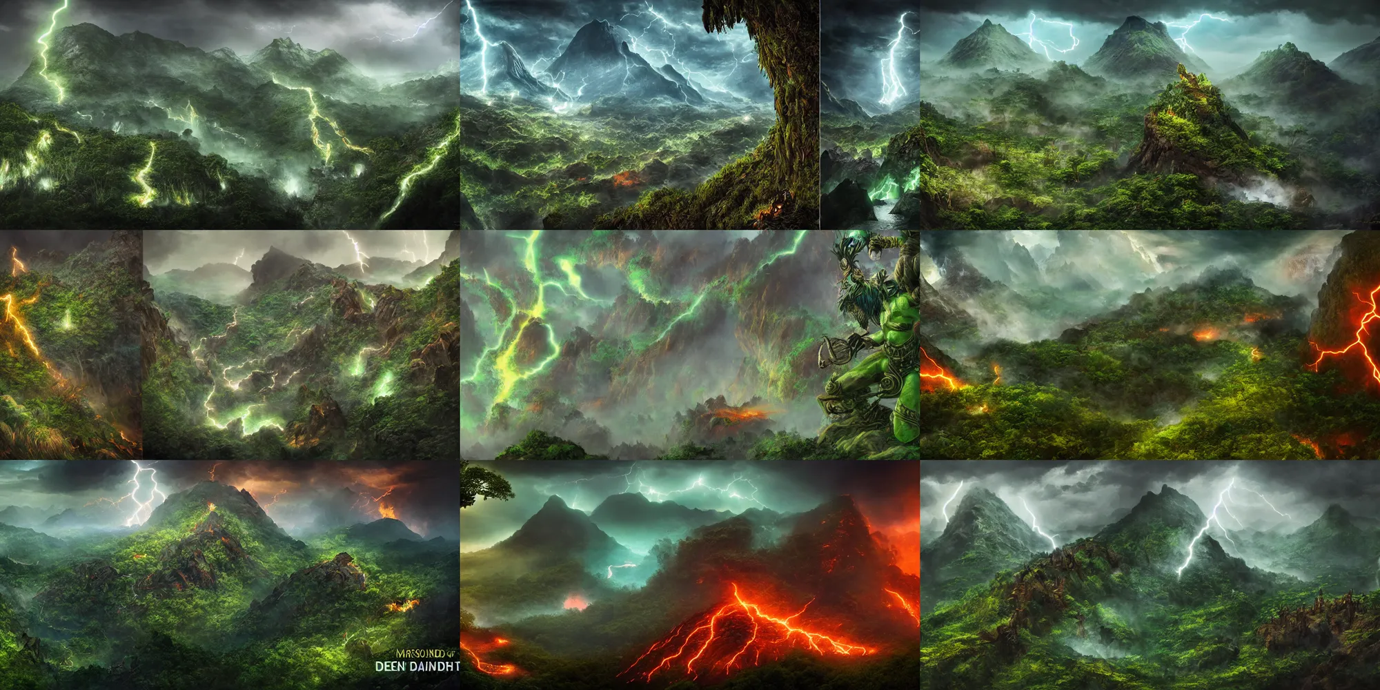 Image similar to boundary of two lands, green wild jungle vs dark mountain with lava, magic and lightning, epic, fantasy, D&D, intricate, upper body, highly detailed, sharp focus, cinematic lighting