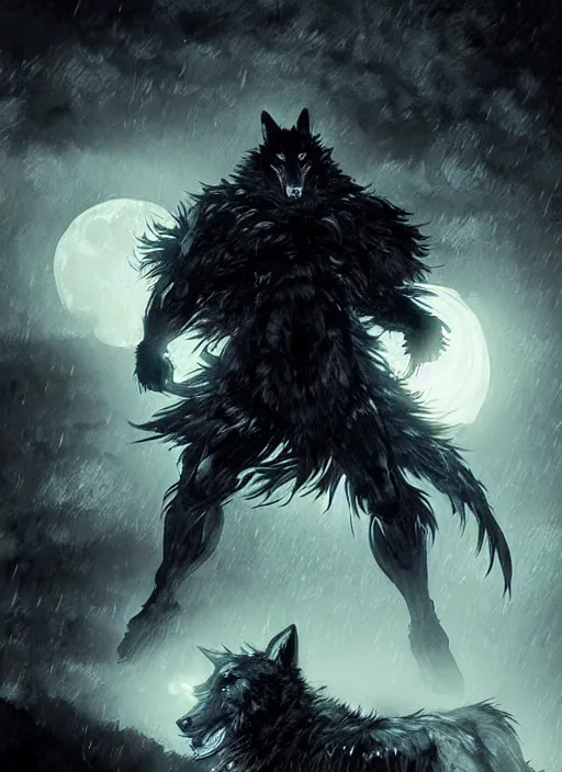Image similar to Giant wolf with glowing eyes near small village, raining, full moon. In style of Yoji Shinkawa and Hyung-tae Kim, trending on ArtStation, dark fantasy, great composition, concept art, highly detailed, dynamic pose.