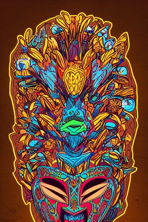 Image similar to animal mask totem roots flower tribal feather gemstone plant wood rock shaman vodoo video game vector cutout illustration vivid multicolor borderlands comics by josan gonzales and dan mumford radiating a glowing aura