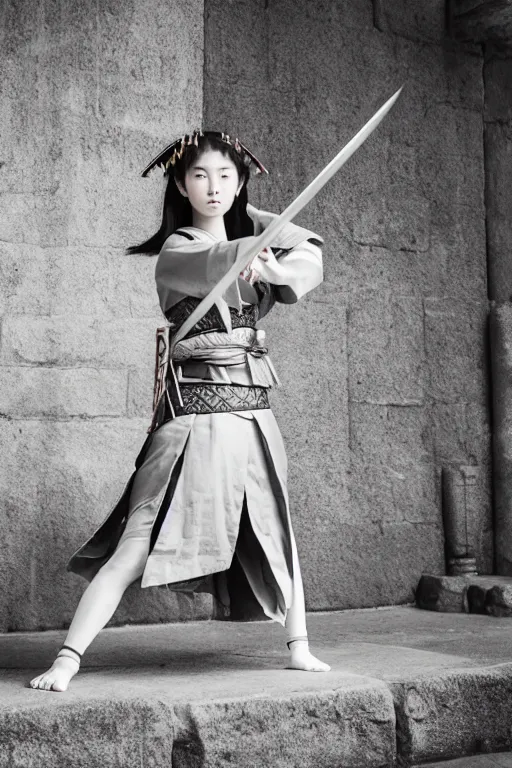 Image similar to highly detailed beautiful photo of a young female samurai, practising sword stances in a ancient temple, symmetrical face, beautiful eyes, realistic anime art style, 8 k, award winning photo, pastels, action photography, 1 / 1 2 5 shutter speed, dramatic lighting