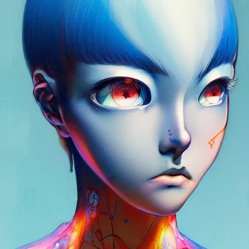 Image similar to prompt : blue portrait soft light painted by james jean and katsuhiro otomo and erik jones, inspired by evangeleon anime, smooth face feature, intricate oil painting, high detail illustration, sharp high detail, manga and anime 1 9 9 0