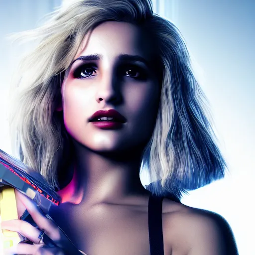 Image similar to dianna agron portrait, Cyberpunk 2077, photorealistic, ultra detailed, cybernetic body parts, neon, octane, bokeh, 8k