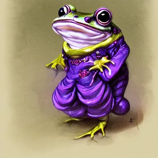 Image similar to cute purple female frog in enchanted rococo hanbok, full character, concept art, trending on artstation, in the style of alexander mcqueen, alexander jansson, jean - baptiste monge, george frederic watts