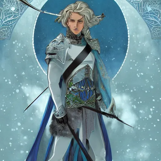 Image similar to half length portrait of a handsome snow elf in a turquoise cape and silver armour, armed with bow and arrow, albino skin, winter vibes, elegant, very coherent symmetrical artwork, rule of thirds, by ralph hosley and alphonse mucha and charlie bowater, sharp focus, trending on artstation