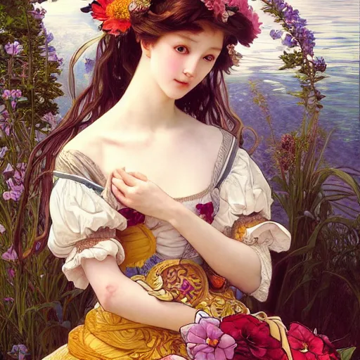 Image similar to a masterpiece ultrarealistic ultradetailed portrait of beautiful love girl maid lady baroque renaissance. medium shot, intricate, elegant, by stanley artgerm lau, wlop, alphonse mucha, rossdraws, andrei riabovitchev, yoshitaka amano. flower background my james jeand and takashi murakami.