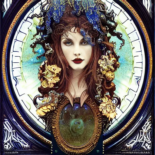 Image similar to portrait of siren queen made with porcelain by Jeff Easley and Peter Elson + beautiful eyes, beautiful face + symmetry face + border and embellishments inspiried by alphonse mucha, fractals in the background, galaxy + baroque, gothic, surreal + highly detailed, intricate complexity, epic composition, magical atmosphere + masterpiece, award winning + trending on artstation