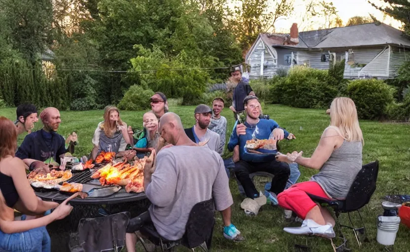 Prompt: a small group of friends having a bbq with a grey alien at the backgarden of a detroit house