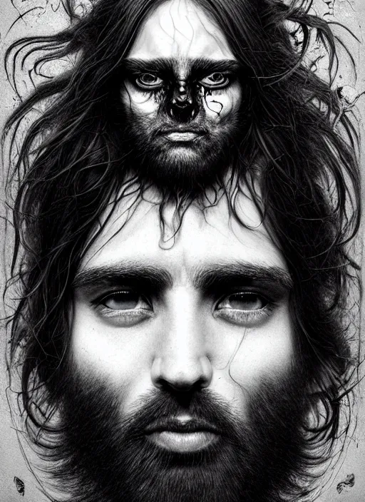 Image similar to a dream portrait of a shy boy with long hair and full beard, black & white, melting, webbing, 8 k, by tristan eaton, stanley artgerm, tom bagshaw, greg rutkowski, carne griffiths, ayami kojima, beksinski, giger, trending on deviantart, face enhance, hyper detailed, minimalist, horror, alien