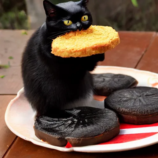 Prompt: black cat eating mushroom patty