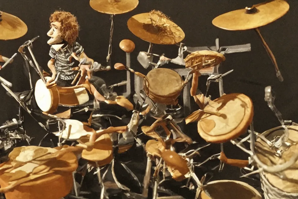 Image similar to a claymation film still of a curly long hair drummer playing the drum set. claymation by bruce bickford