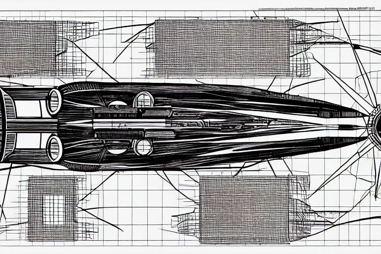 Prompt: Futuristic Neo Solar punk Space ship schematics, Leonardo DaVinci , Line art, Technical drawing, Spaceship parts manufacturing blueprints.
