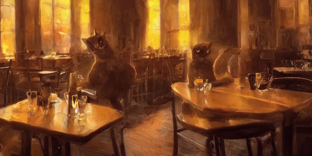 Image similar to brown cat with yellow eyes is sitting at table in a cafe at paris in early 2 0 th century. atmospheric feeling, warm colours, brown colours, yellow colours, epic scene, cinematic, very detailed, hd, trending on artstation