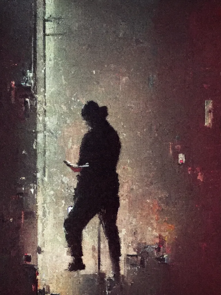 Prompt: a beautiful glitched oil painting of a man looking at his phone in a bathroom, by christian hook, color bleeding, brushstrokes by jeremy mann, cold top lighting