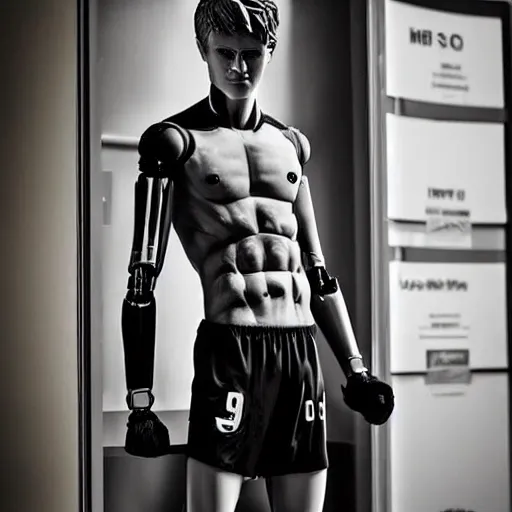 Image similar to a realistic detailed photo of a guy who is an attractive humanoid who is half robot and half humanoid, who is a male android, soccer player martin ødegaard, shiny skin, posing like a statue, blank stare, in a living room, on display, showing off his muscles