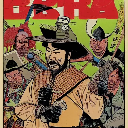 Prompt: ' the face of a samurai cowboy ', comic book cover art by geof darrow,