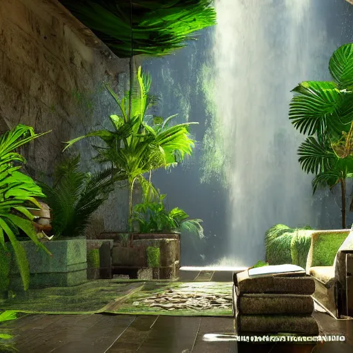 Image similar to waterfall,plants and palms in a ancient egyptian interior,3d render unreal engine