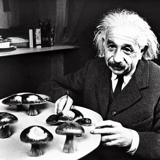 Prompt: Albert Einstein eating mushrooms