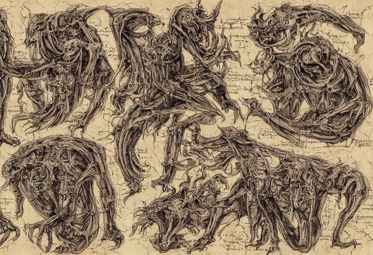 Prompt: blueprint of demonic manuscripts from necronomicon book drawn and written in blood, plenty annotations, hyper realism, realistic, dramatic lighting, octane render, highly detailed, cinematic lighting, cinematic, art by leonardo da vinci