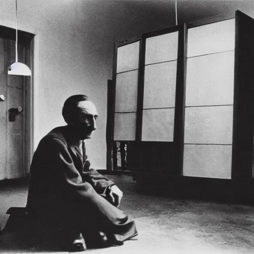 Prompt: underexposed photo of Marcel Duchamp in a room with an ancient machine, Kodachrome, Edward Weston and Gustave Doré, archival pigment print, contemporary art