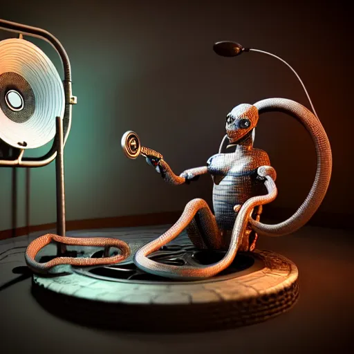 Image similar to cyborg sitting Infront of snake who's getting into gramophone, high quality image, 3Drender, long shot denoise