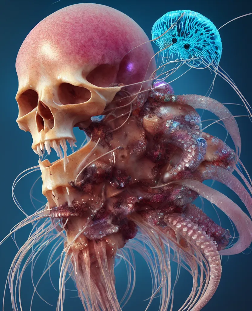 Image similar to goddess close-up portrait ram skull. jellyfish phoenix head, nautilus, orchid, skull, betta fish, bioluminiscent creatures, intricate artwork by Tooth Wu and wlop and beeple. octane render, trending on artstation, greg rutkowski very coherent symmetrical artwork. cinematic, hyper realism, high detail, octane render, 8k