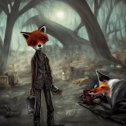 Prompt: humanoid fox detective in a homeless tent city with hobos.. dark, gothic. fine art, masterpiece digital painting, 4 k