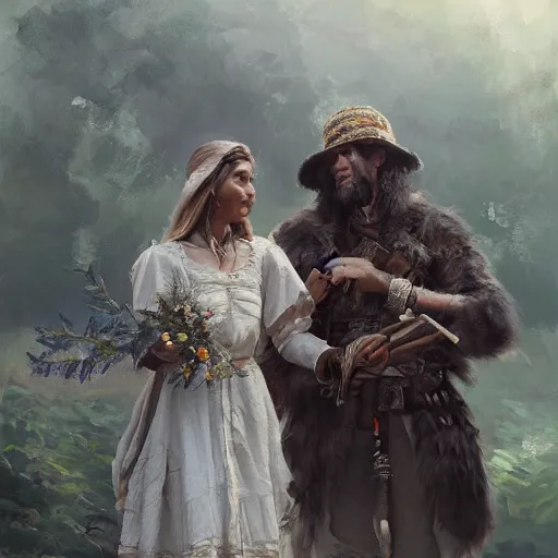 Image similar to ANeanderthal wedding, historically accurate, highly detailed, oil painting, artstation, realistic painting by WLOP