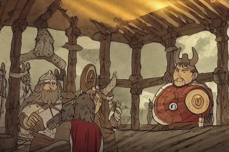 Prompt: Viking king\'s hall by Studio Ghibli, god rays