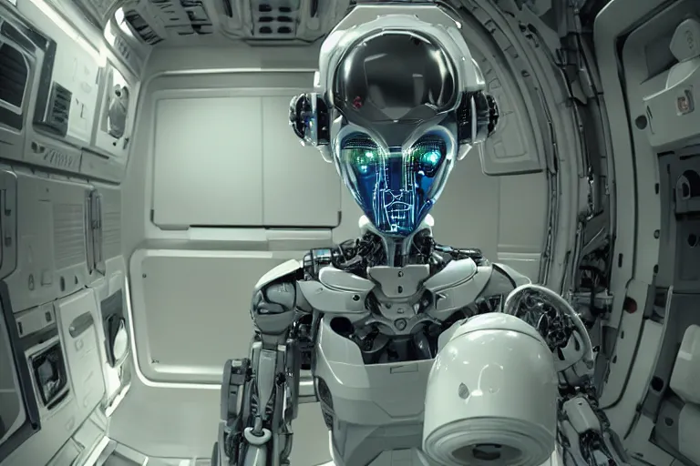 Prompt: a cinematic wide - angle photograph of an androgynoid robot in the launch bay on the inter - galactic spaceship, 8 k, beautiful lighting, high depth, ultra realistic, hyper - detailed, sci - fi movie style