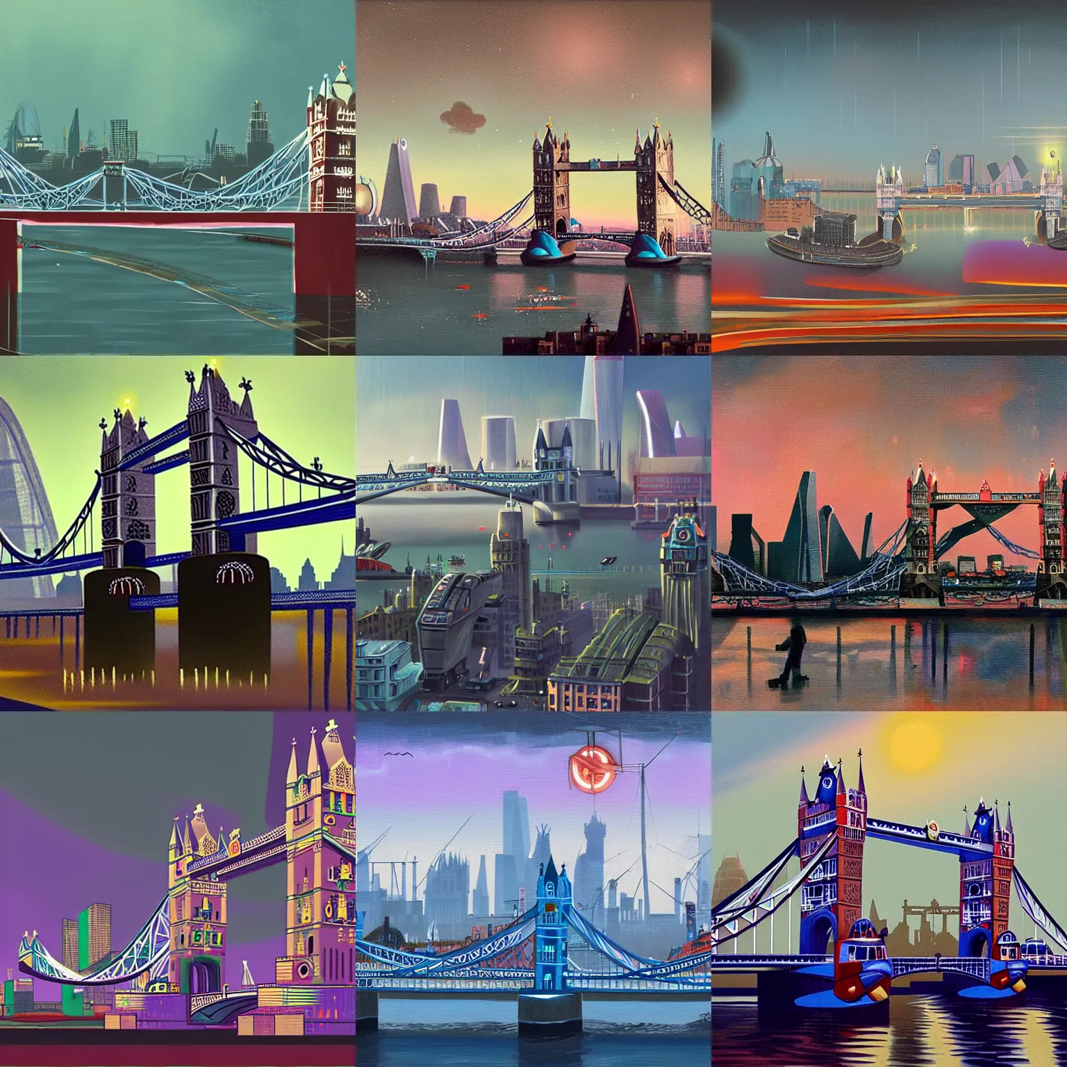Prompt: London skyline including Tower Bridge, digital sci-fi painting by Simon Stålenhag