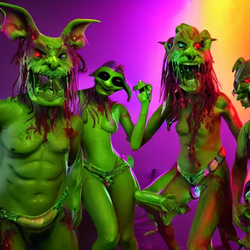 Image similar to goblins partying at a rave, green skin, octane render, 8 k, fantasy