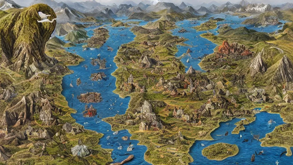 Prompt: surreal map of middle earth in the styles of igor morski, jim warren, and rob gonsalves, intricate, accurate geography, volumetric lighting, serene, imaginative