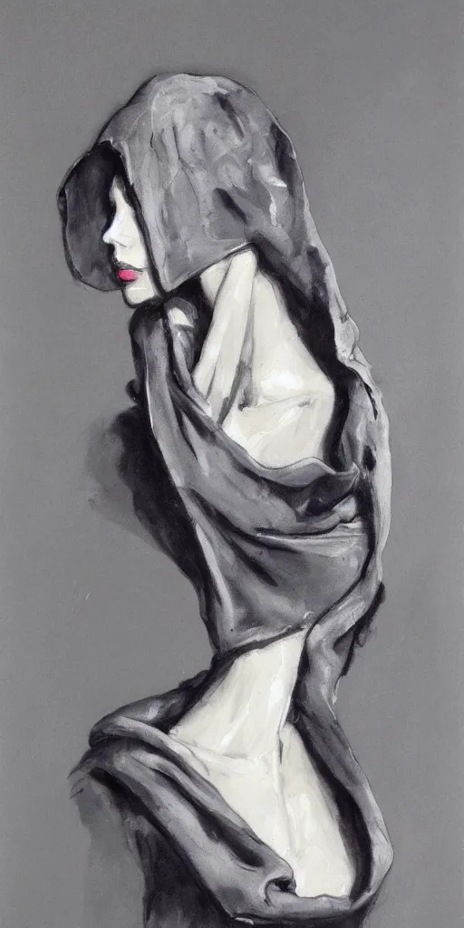 Image similar to boneyard cowl, fashion sketch 1 3 2 4. wet - on - wet grisaille on canvas, private collection