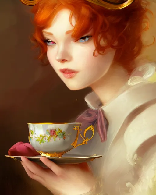 Image similar to maid cafe, ornate tea cup, perfect face, bonnet, elegant dress, ginger hair, cinematic, stunning, highly detailed, digital painting, artstation, smooth, hard focus, illustration, art by jessica rossier and and brian froud