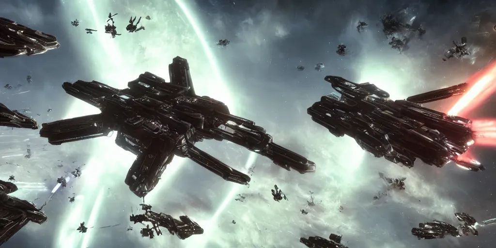Prompt: absolutely massive eve online spaceship battle between spaceships of all types, lasers and explosions, tracer fire, cannons, missiles, debris, extremely detailed, cinematic, by rembrandt