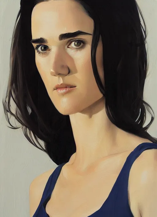 Image similar to detailed artwork by phil noto ; young jennifer connelly ; brush texture ; asymmetric composition ; trending on artstation ; gallery painting by phil noto, by phil noto.