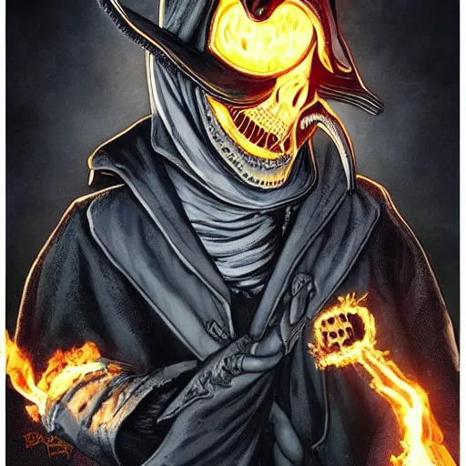 Image similar to ghost rider as a plague doctor with the plague doctor mask half burnt off showing his face, beautiful artwork by artgerm and rutkowski, by akira toriyama, breathtaking, beautifully lit, dramatic lighting, full view