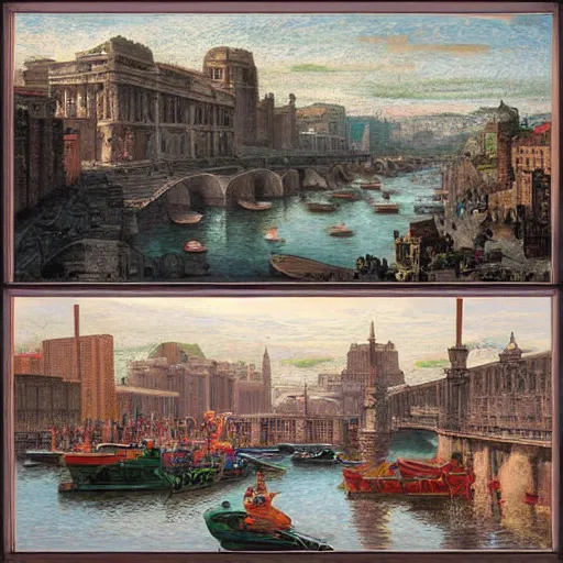 Image similar to city with with streets and aqueducts. various boats. by yeong - hao han